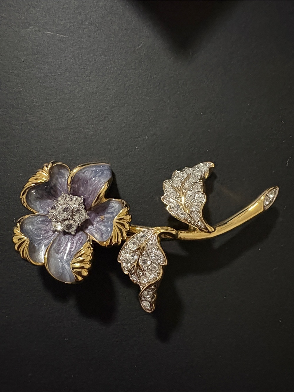 Gold and Lavender Flower Brooch with Crystal Leaves - Women Jewelry